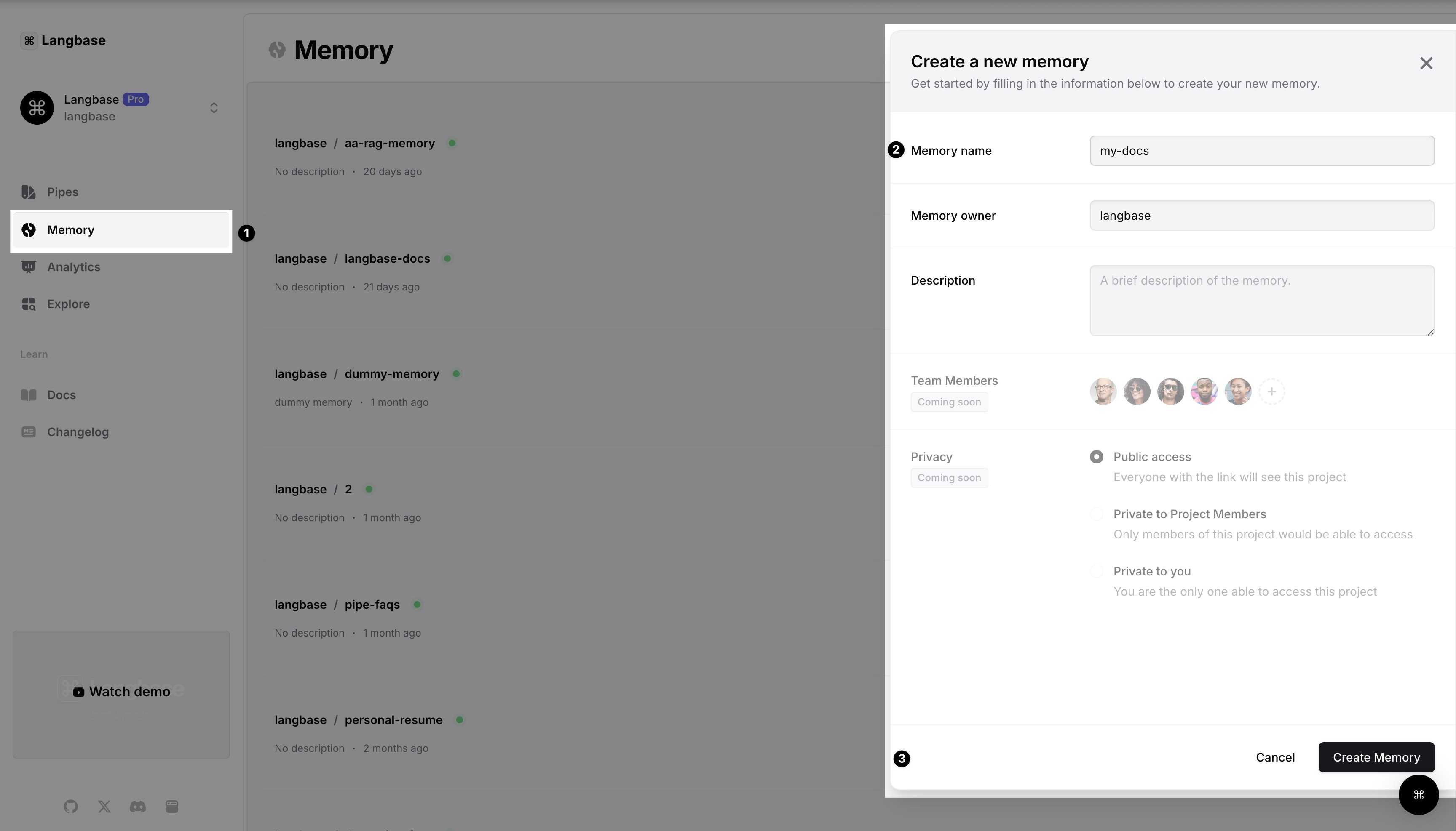 ⌘ Langbase create memory