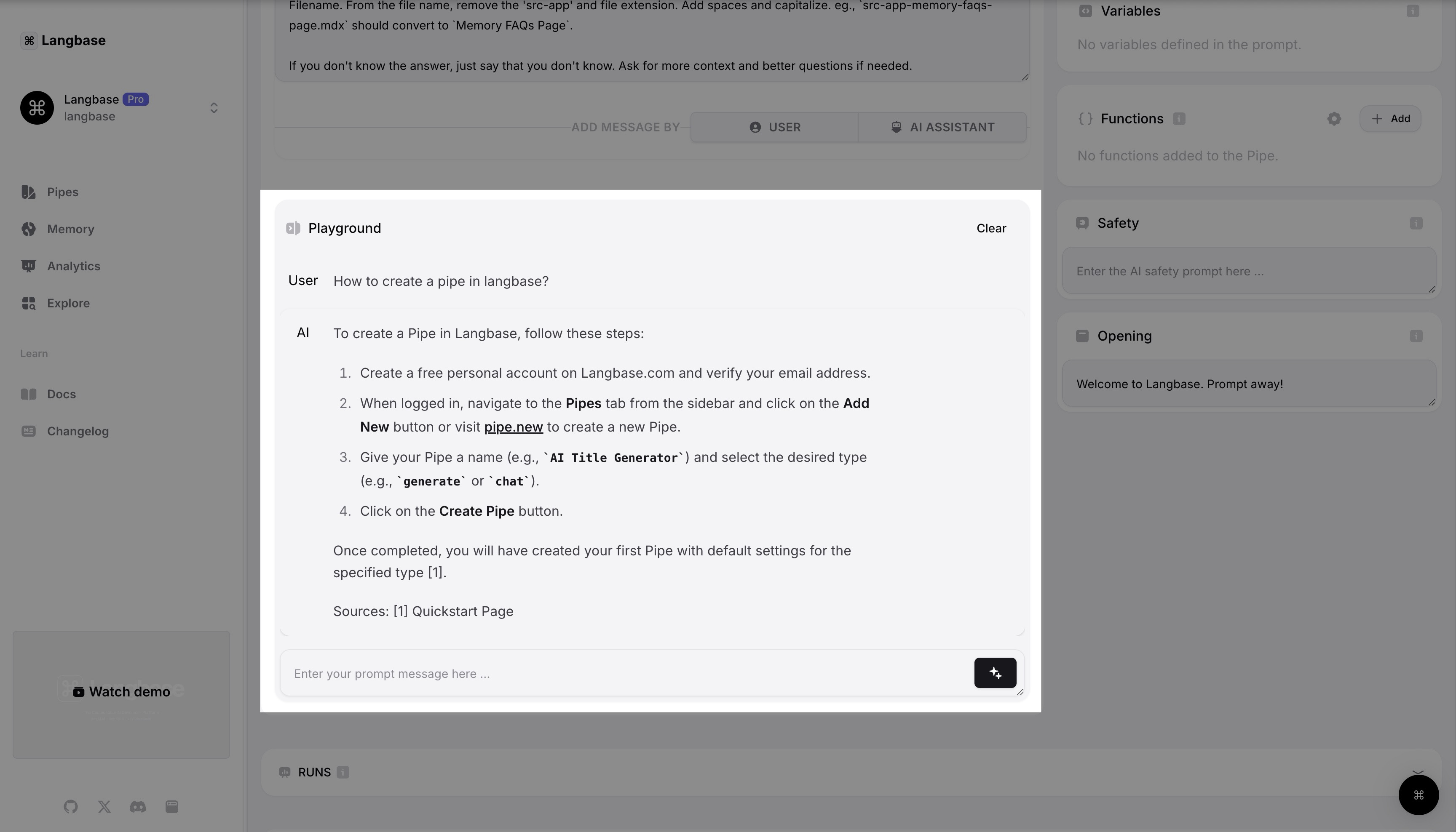 Testing Langbase Docs RAG Pipe in layground