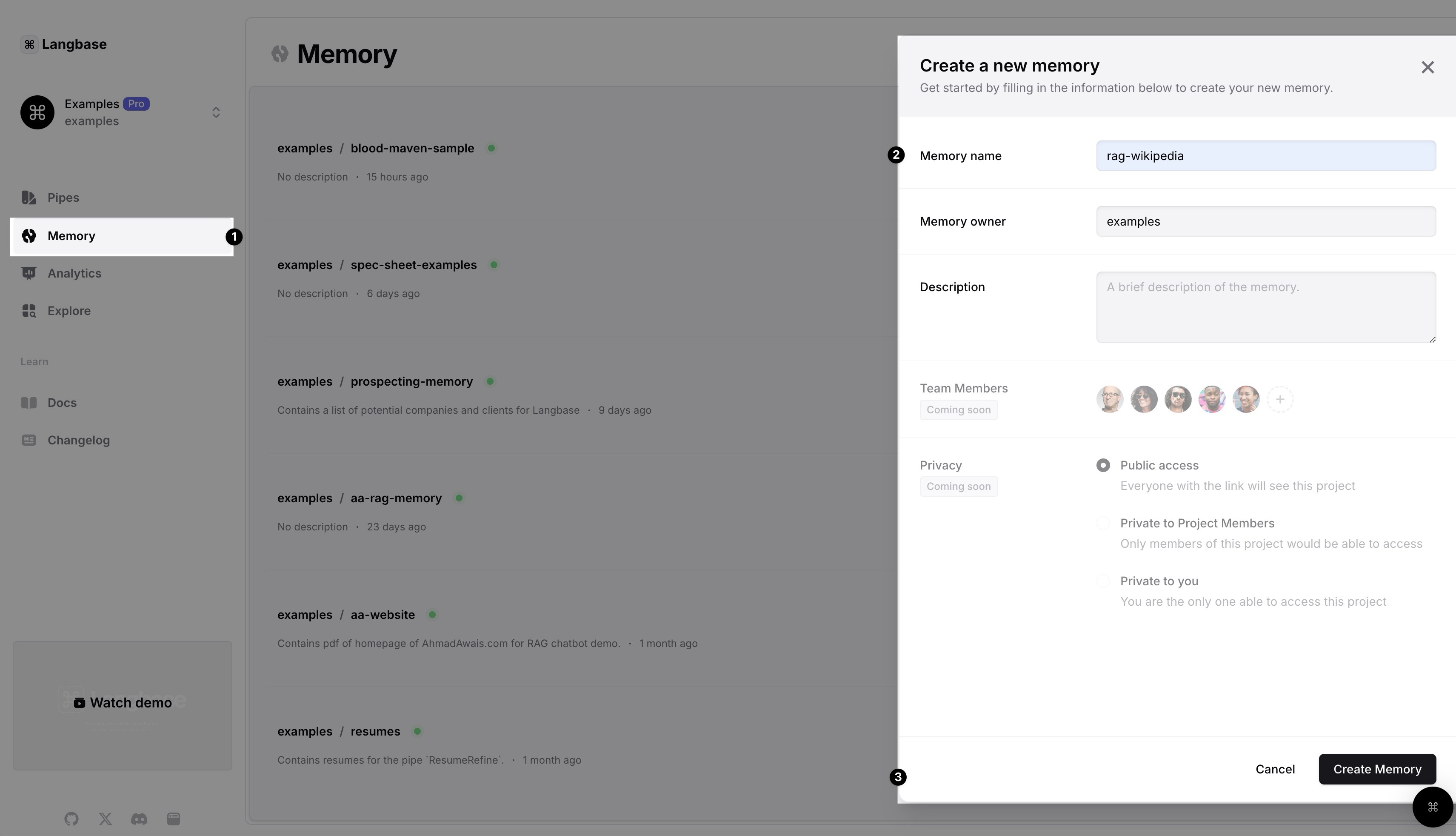 ⌘ Langbase create memory