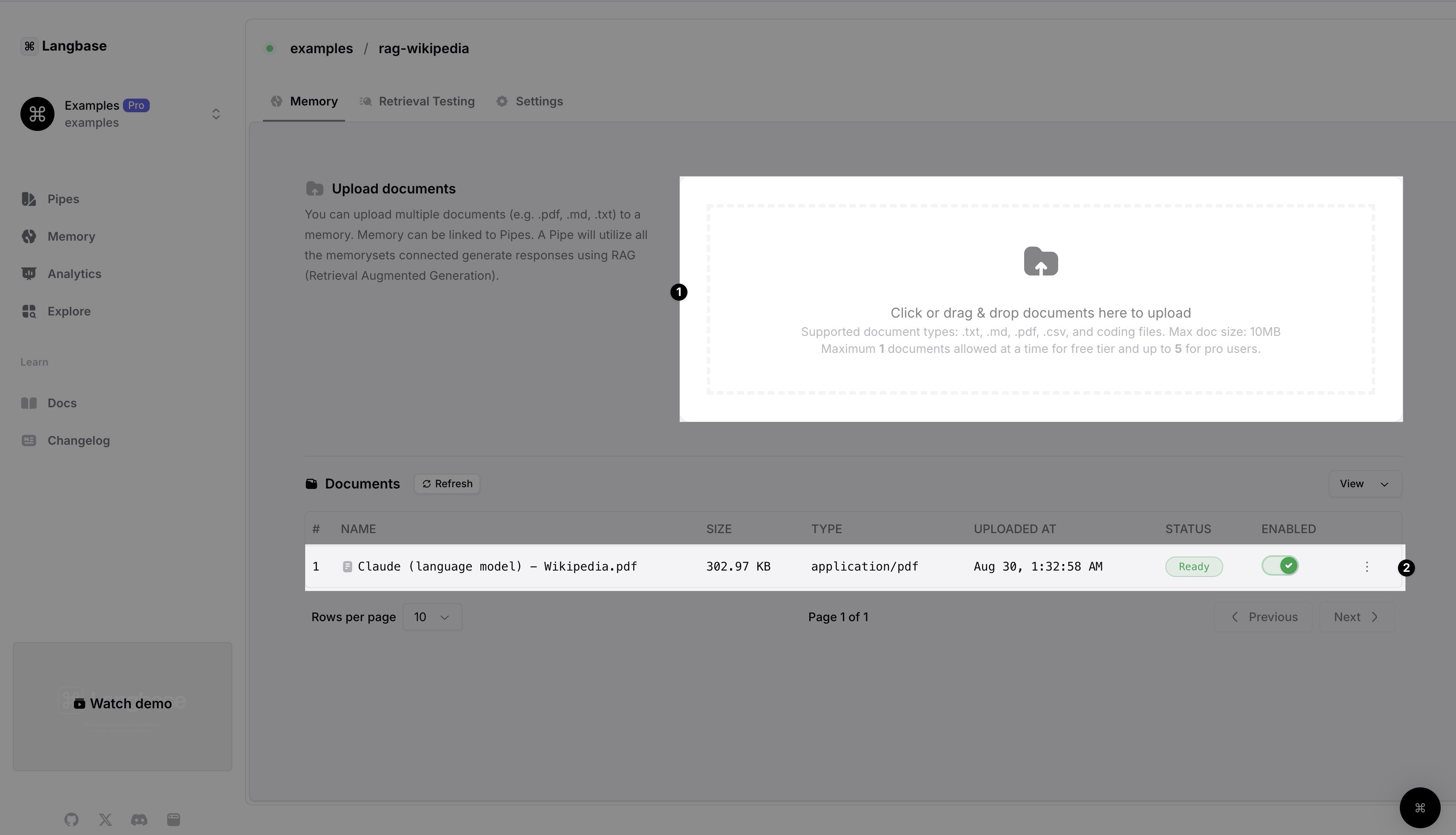 Uplaod data to Langbase memory